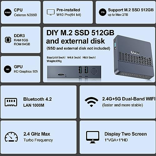 UXX Mini PC Support 512GB/2TB M.2 SSD Expansion, Intel Celeron N3350 6GB RAM/64GB eMMC Micro PC, Business Mini Computer 4K HDMI+VGA Dual Display, BT, 2.4/5G WiFi, USB 3.0, LAN-Blue