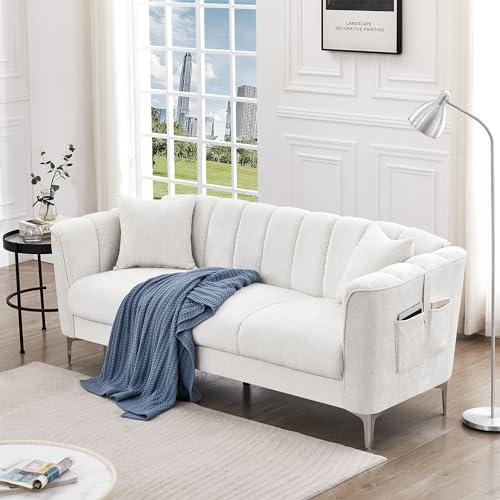 HOSTACK Modern Chenille Sofa, 77" Upholstered Couch with 2 Bolster Pillows and Armrest Bags, 3-Seat Sofa for Living Room, Bedroom, Office, Apartment, Dorm, Off White