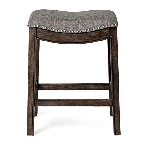 Maven Lane Adrien Backless Saddle Kitchen Counter Stool 25.7" H, Dark Walnut Finish and Stone Grey Performance Fabric, Nail Head Trim Design, Set of 2