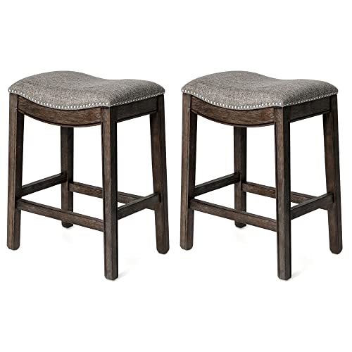 Maven Lane Adrien Backless Saddle Kitchen Counter Stool 25.7" H, Dark Walnut Finish and Stone Grey Performance Fabric, Nail Head Trim Design, Set of 2