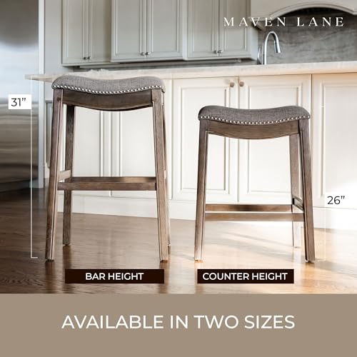 Maven Lane Adrien Backless Saddle Kitchen Counter Stool 25.7" H, Dark Walnut Finish and Stone Grey Performance Fabric, Nail Head Trim Design, Set of 2