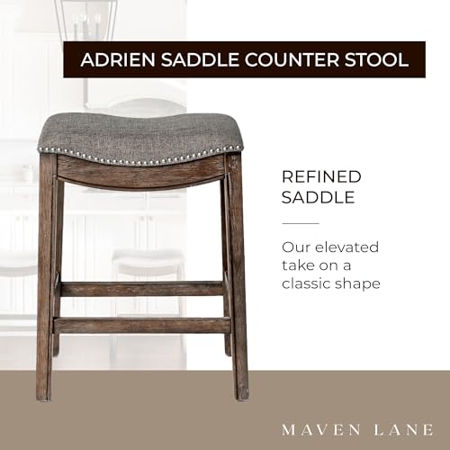 Maven Lane Adrien Backless Saddle Kitchen Counter Stool 25.7" H, Dark Walnut Finish and Stone Grey Performance Fabric, Nail Head Trim Design, Set of 2