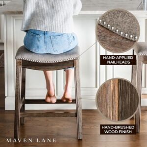 Maven Lane Adrien Backless Saddle Kitchen Counter Stool 25.7" H, Dark Walnut Finish and Stone Grey Performance Fabric, Nail Head Trim Design, Set of 2