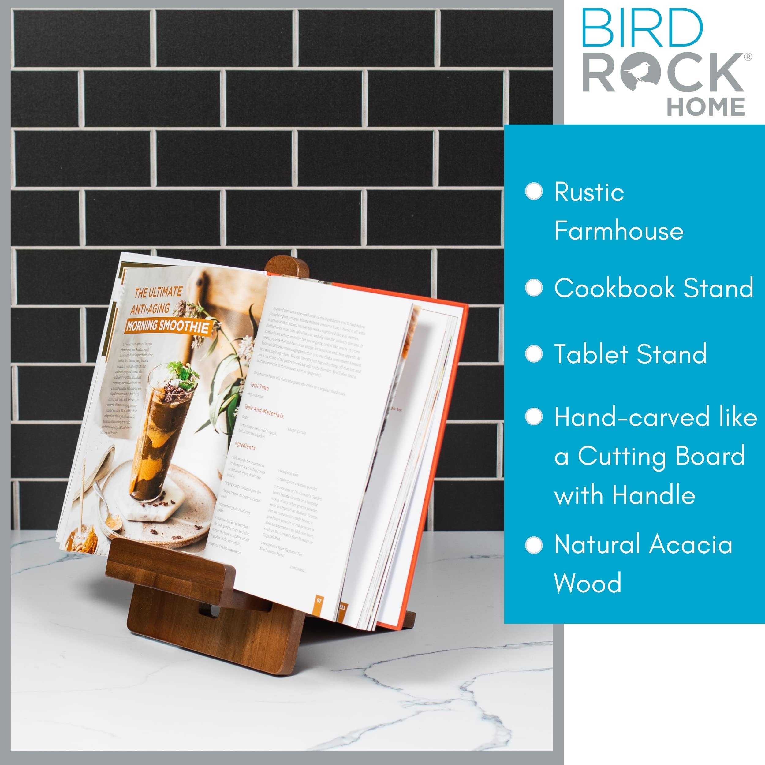 BIRDROCK HOME Wooden Cookbook Tablet Stand for The Kitchen Counter | Natural Acacia Wood | Cooking Recipe Holder | Multi-Purpose | Cord Hole | Easy Assembly