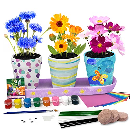 Flower Pot Painting Kit with Flower Seeds for Kids - Complete Growing Plant Craft DIY, Paint Your Own Flower Pot Planting kit, Includes Pots, Paint Set, Accessories, Seeds & Soil, Flower Craft