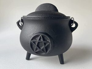 pentagram pentacle cast iron cauldron with lid and handle, witches cauldron, great for use with charcoal incense, smudge sage (large 5.5 inches)