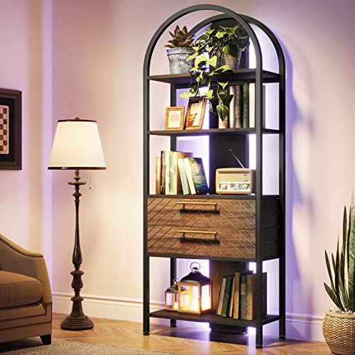 Tribesigns 4-Tier Bookshelf with 2 Drawers, Industrial Open Book Shelf Arched Bookcase, 70.8" Tall Storage Shelves Display Rack with LED Light and Metal Frame for Living Room, Home Office (1)