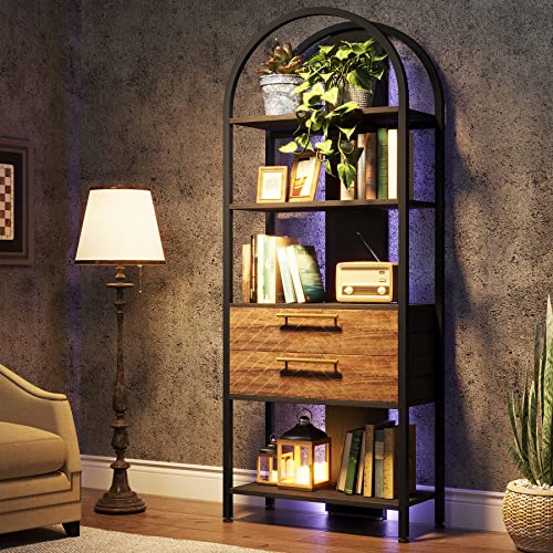 Tribesigns 4-Tier Bookshelf with 2 Drawers, Industrial Open Book Shelf Arched Bookcase, 70.8" Tall Storage Shelves Display Rack with LED Light and Metal Frame for Living Room, Home Office (1)