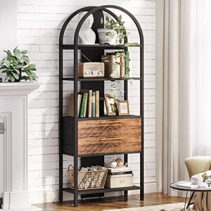 Tribesigns 4-Tier Bookshelf with 2 Drawers, Industrial Open Book Shelf Arched Bookcase, 70.8" Tall Storage Shelves Display Rack with LED Light and Metal Frame for Living Room, Home Office (1)