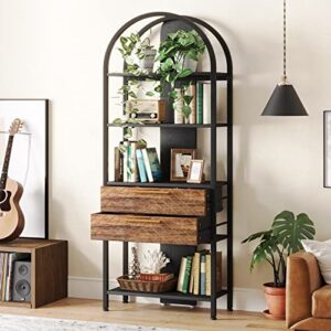Tribesigns 4-Tier Bookshelf with 2 Drawers, Industrial Open Book Shelf Arched Bookcase, 70.8" Tall Storage Shelves Display Rack with LED Light and Metal Frame for Living Room, Home Office (1)