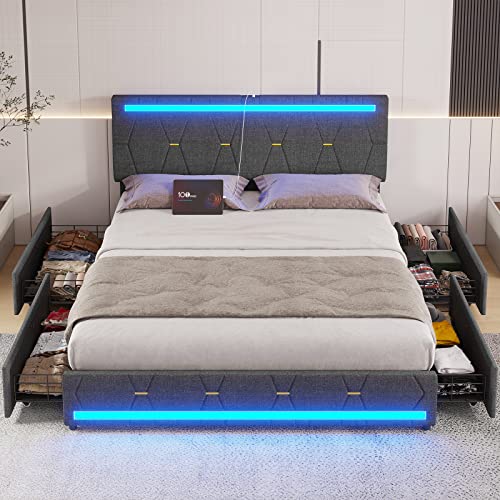 ADORNEVE Queen Bed Frame with 2 USB Charging Station, LED Lights Headboard Footboard, Upholstered Platform Bed with Storage Drawers, No Box Spring Needed, Dark Grey