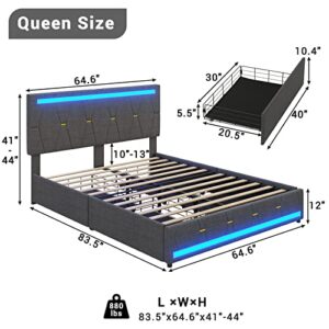 ADORNEVE Queen Bed Frame with 2 USB Charging Station, LED Lights Headboard Footboard, Upholstered Platform Bed with Storage Drawers, No Box Spring Needed, Dark Grey