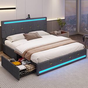 ADORNEVE Queen Bed Frame with 2 USB Charging Station, LED Lights Headboard Footboard, Upholstered Platform Bed with Storage Drawers, No Box Spring Needed, Dark Grey