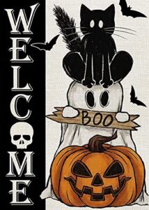 welcome halloween diamond painting kits for adults beginners, black cat ghost boo pumpkin 5d diamond art kits, diy full round drill gem art, fall home wall decor 12 x 16 inch