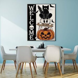 Welcome Halloween Diamond Painting Kits for Adults Beginners, Black Cat Ghost Boo Pumpkin 5D Diamond Art Kits, DIY Full Round Drill Gem Art, Fall Home Wall Decor 12 x 16 Inch