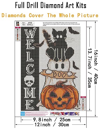 Welcome Halloween Diamond Painting Kits for Adults Beginners, Black Cat Ghost Boo Pumpkin 5D Diamond Art Kits, DIY Full Round Drill Gem Art, Fall Home Wall Decor 12 x 16 Inch