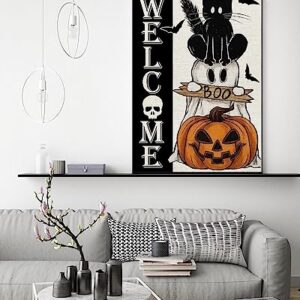 Welcome Halloween Diamond Painting Kits for Adults Beginners, Black Cat Ghost Boo Pumpkin 5D Diamond Art Kits, DIY Full Round Drill Gem Art, Fall Home Wall Decor 12 x 16 Inch