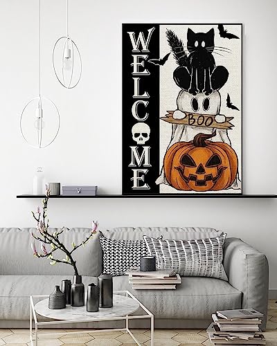 Welcome Halloween Diamond Painting Kits for Adults Beginners, Black Cat Ghost Boo Pumpkin 5D Diamond Art Kits, DIY Full Round Drill Gem Art, Fall Home Wall Decor 12 x 16 Inch