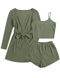 ekouaer womens pajamas set with robe 3 piece loungewear crop cami top and shorts and cardigan solid knit sleepwear sets (army green, xxl)