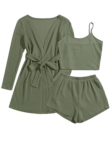 Ekouaer Womens Pajamas Set with Robe 3 Piece Loungewear Crop Cami Top and Shorts and Cardigan Solid Knit Sleepwear Sets (Army Green, XXL)