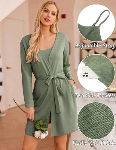 Ekouaer Womens Pajamas Set with Robe 3 Piece Loungewear Crop Cami Top and Shorts and Cardigan Solid Knit Sleepwear Sets (Army Green, XXL)