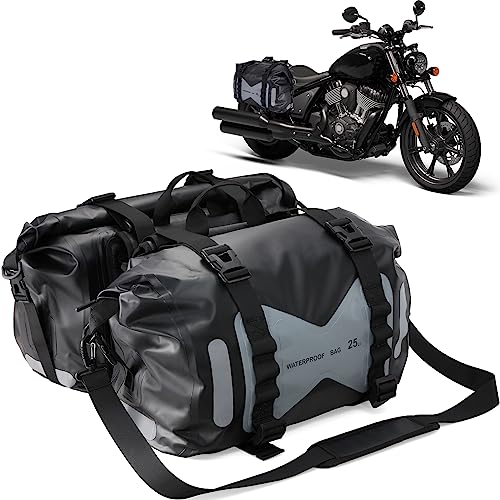 OXMART Motorcycle Saddlebags PVC 500D Motorcycle Luggage Saddlebags with Reflective Strip Zipper Closure Waterproof Motorcycle Dry Bag for Traveling Hiking Boating Camping Fishing 50L Grey