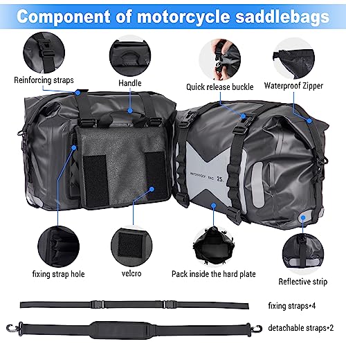 OXMART Motorcycle Saddlebags PVC 500D Motorcycle Luggage Saddlebags with Reflective Strip Zipper Closure Waterproof Motorcycle Dry Bag for Traveling Hiking Boating Camping Fishing 50L Grey