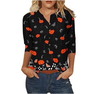 women floral graphic print tee top v-neck button 3/4 sleeve blouse tops comfy casual blouses t shirts summer 2023