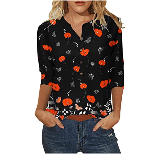 Women Floral Graphic Print Tee Top V-Neck Button 3/4 Sleeve Blouse Tops Comfy Casual Blouses T Shirts Summer 2023