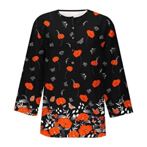 Women Floral Graphic Print Tee Top V-Neck Button 3/4 Sleeve Blouse Tops Comfy Casual Blouses T Shirts Summer 2023