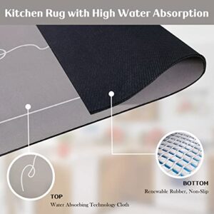 Non Skid Kitchen Rug Set 2 PCS, Waterproof Grey Kitchen Floor Mats With Kitchenware Pattern, 17"x29"+17"x47" Anti-Fatigue Comfort Kitchen Rug for Kitchen Sink, Floor, Bathroom, Office, Laundry.