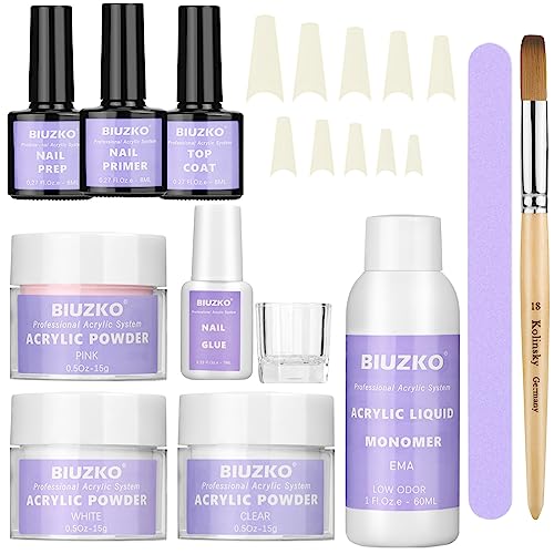 Acrylic Nail Kit, Acrylic Powder and Acrylic Liquid Monomer Set with Nail Prep Primer Top Coat Kolinsky Brush Nail Glue Tips Acrylic Nail Kit with Everything for Beginners