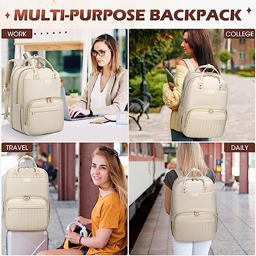 NUBILY Laptop Backpack for Women 15.6 Inch Waterproof Travel with USB Hole Fashion Work Business Computer Purse Large Teacher Nurse Bags Casual Daypacks College Business, Apricot