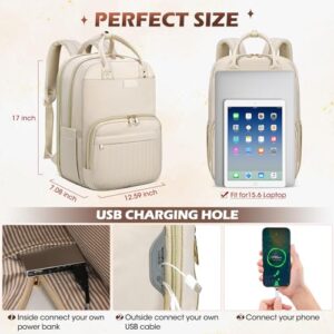 NUBILY Laptop Backpack for Women 15.6 Inch Waterproof Travel with USB Hole Fashion Work Business Computer Purse Large Teacher Nurse Bags Casual Daypacks College Business, Apricot