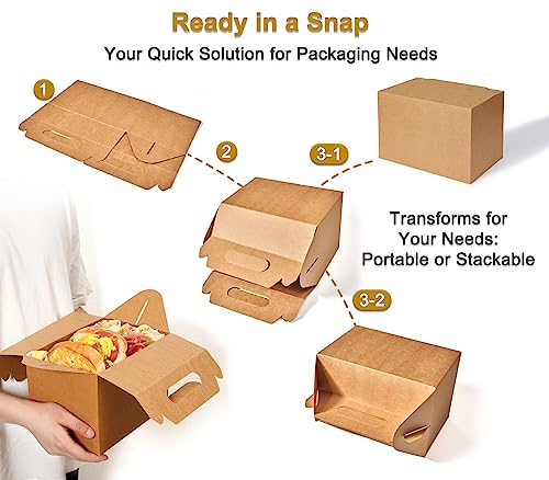 Happyhiram 10-Pack Large Gable Boxes Brown - 9x6x6 Inch Sturdy Kraft Paper Containers for Gifts, Box Lunches, Cookies, and Birthday Wedding, Welcome Boxes Easy to Assemble with Handles