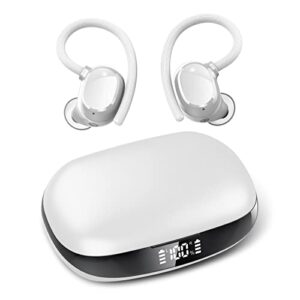 wireless earbuds, hifi stereo sport bluetooth 5.3 headphones with earhooks, 48h deep bass headphones with led display, noise cancelling, ip7 waterproof earphones built-in mic for running (white)