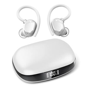 Wireless Earbuds, HiFi Stereo Sport Bluetooth 5.3 Headphones with Earhooks, 48H Deep Bass Headphones with LED Display, Noise Cancelling, IP7 Waterproof Earphones Built-in Mic for Running (White)