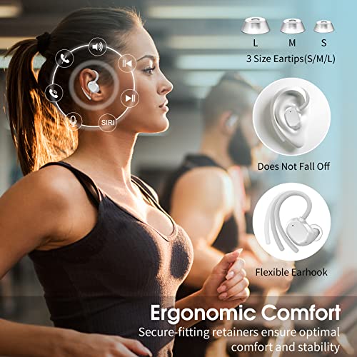 Wireless Earbuds, HiFi Stereo Sport Bluetooth 5.3 Headphones with Earhooks, 48H Deep Bass Headphones with LED Display, Noise Cancelling, IP7 Waterproof Earphones Built-in Mic for Running (White)