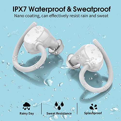 Wireless Earbuds, HiFi Stereo Sport Bluetooth 5.3 Headphones with Earhooks, 48H Deep Bass Headphones with LED Display, Noise Cancelling, IP7 Waterproof Earphones Built-in Mic for Running (White)