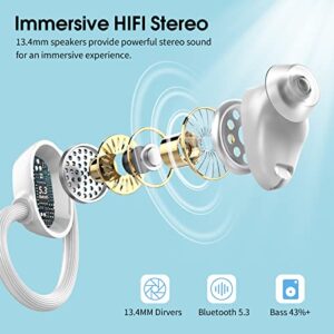 Wireless Earbuds, HiFi Stereo Sport Bluetooth 5.3 Headphones with Earhooks, 48H Deep Bass Headphones with LED Display, Noise Cancelling, IP7 Waterproof Earphones Built-in Mic for Running (White)