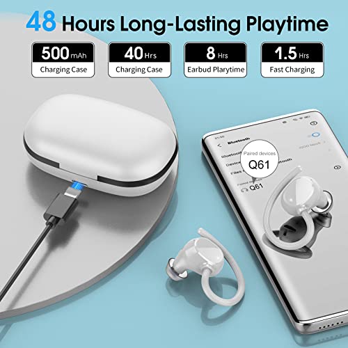 Wireless Earbuds, HiFi Stereo Sport Bluetooth 5.3 Headphones with Earhooks, 48H Deep Bass Headphones with LED Display, Noise Cancelling, IP7 Waterproof Earphones Built-in Mic for Running (White)