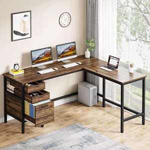 tribesigns l shaped desk with file drawer cabinet, 59 inch corner desk l shaped computer desk with drawers, pc table writing desk for home office, rustic brown