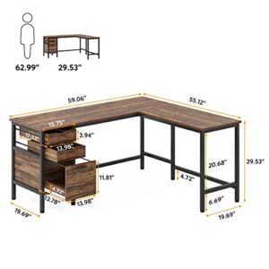 Tribesigns L Shaped Desk with File Drawer Cabinet, 59 Inch Corner Desk L Shaped Computer Desk with Drawers, PC Table Writing Desk for Home Office, Rustic Brown