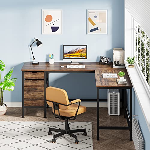 Tribesigns L Shaped Desk with File Drawer Cabinet, 59 Inch Corner Desk L Shaped Computer Desk with Drawers, PC Table Writing Desk for Home Office, Rustic Brown