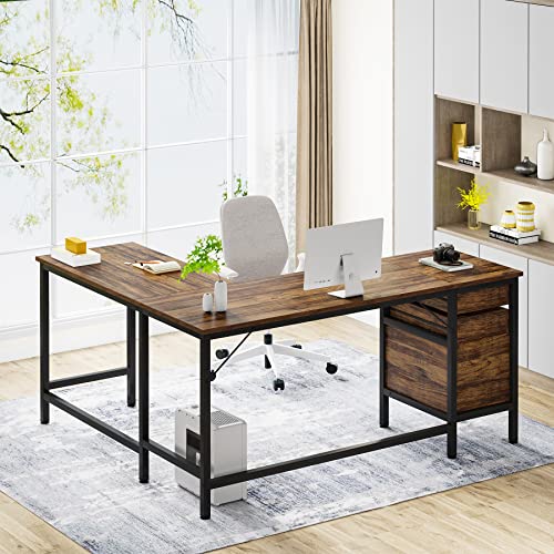 Tribesigns L Shaped Desk with File Drawer Cabinet, 59 Inch Corner Desk L Shaped Computer Desk with Drawers, PC Table Writing Desk for Home Office, Rustic Brown