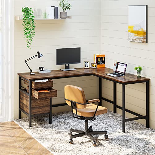 Tribesigns L Shaped Desk with File Drawer Cabinet, 59 Inch Corner Desk L Shaped Computer Desk with Drawers, PC Table Writing Desk for Home Office, Rustic Brown