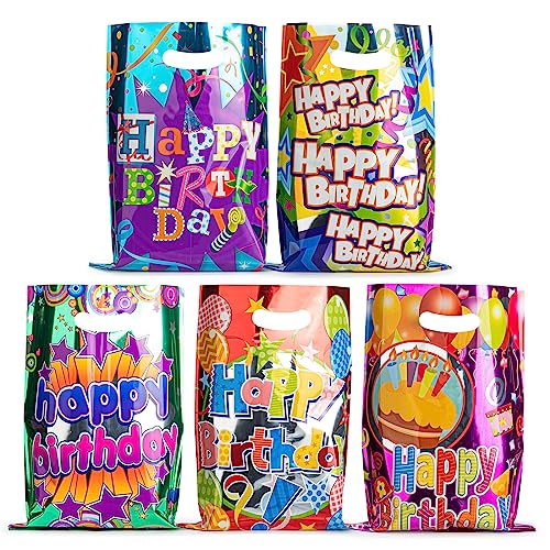 40PCS Happy Birthday Party Favor Gift Bags, Birthday Goodie Bags with Handles, Colorful Plastic Party Favor Wrapping Bag for Kids Birthday Party, Candy, Gift, Present, Parties, Princess, Girls, Boys, Adult