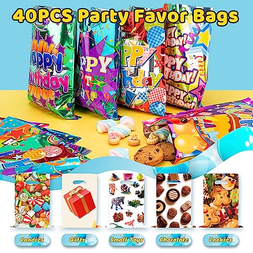 40PCS Happy Birthday Party Favor Gift Bags, Birthday Goodie Bags with Handles, Colorful Plastic Party Favor Wrapping Bag for Kids Birthday Party, Candy, Gift, Present, Parties, Princess, Girls, Boys, Adult