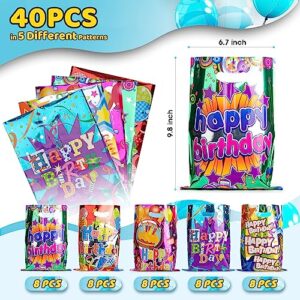 40PCS Happy Birthday Party Favor Gift Bags, Birthday Goodie Bags with Handles, Colorful Plastic Party Favor Wrapping Bag for Kids Birthday Party, Candy, Gift, Present, Parties, Princess, Girls, Boys, Adult