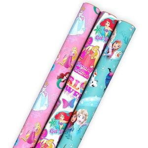 hallmark disney princess and frozen wrapping paper with cutlines on reverse (3 rolls: 60 square feet total) for birthdays, christmas, valentine's day